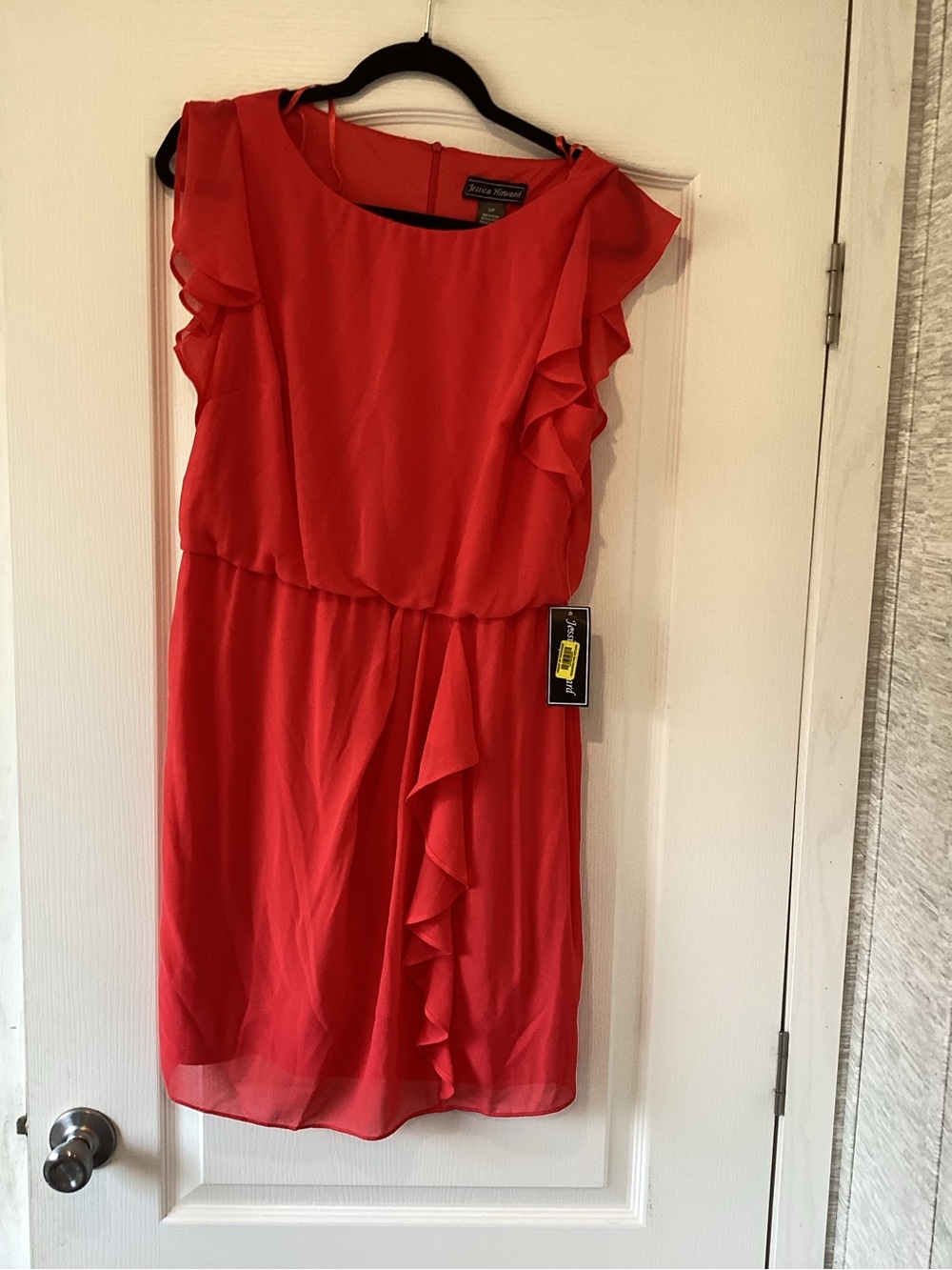 Jessica Howard Coral-Red Ruffle Midi Dress 12P BNWT
